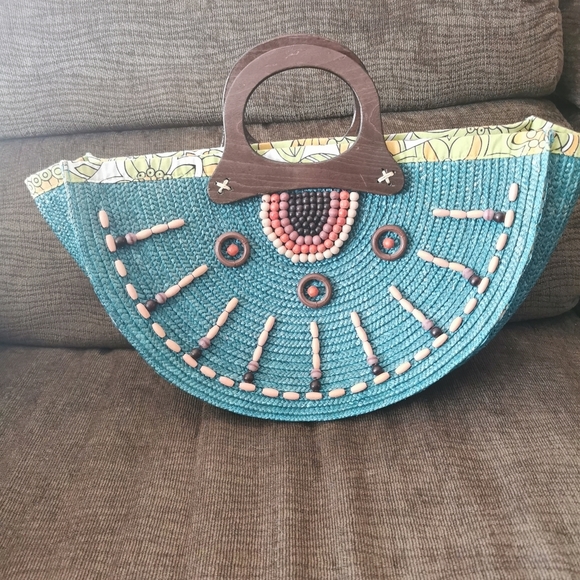 RETRO semi circular embroidered wicker straw bag giannetti - Picture 13 of 14